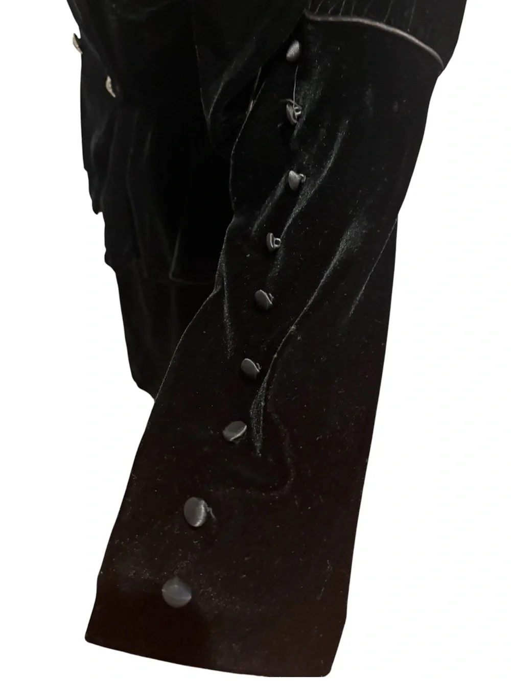 80s 2PC GOTH BLACK VELVET FITTED PEPLUM JACKET W LACE BACK INSERT & PENCIL SKIRT